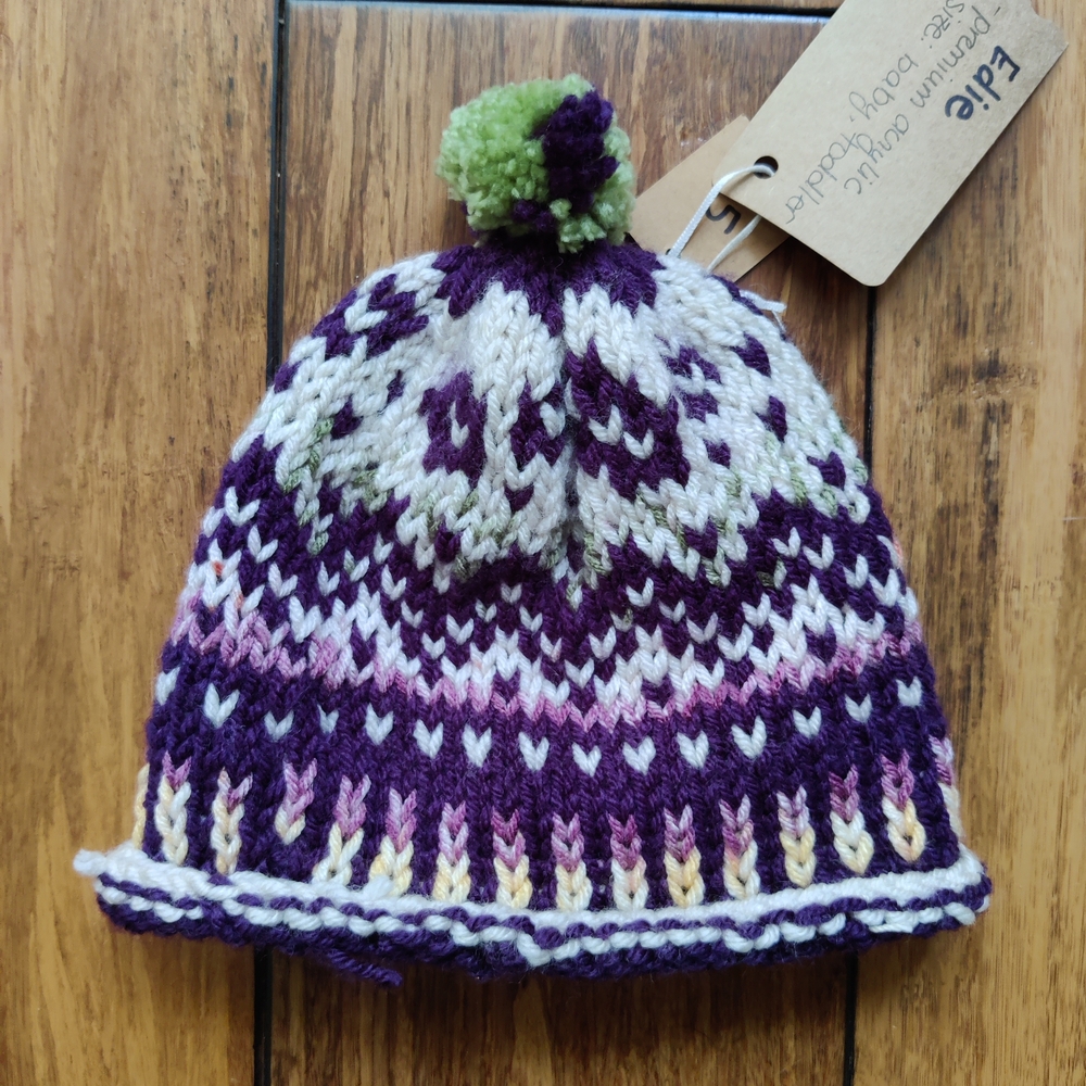 NWT Handmade Knit Beanie - Purple & White Fair Isle Pom Pom Winter Hat